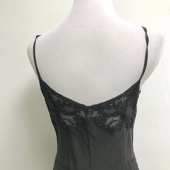 Maxine black lace + velvet silk long slip gown spaghetti straps VINTAGE M midi - Picture 5 of 7